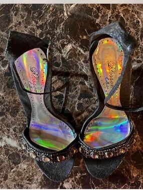 Black Beaded Open-Toe Women's Heels